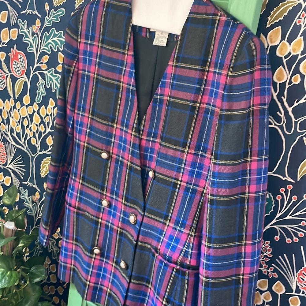 HBS Ltd. Vintage Pink and Blue Plaid Oversized Blazer